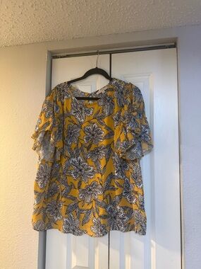 LOFT Yellow Floral Ruffle Sleeve Blouse